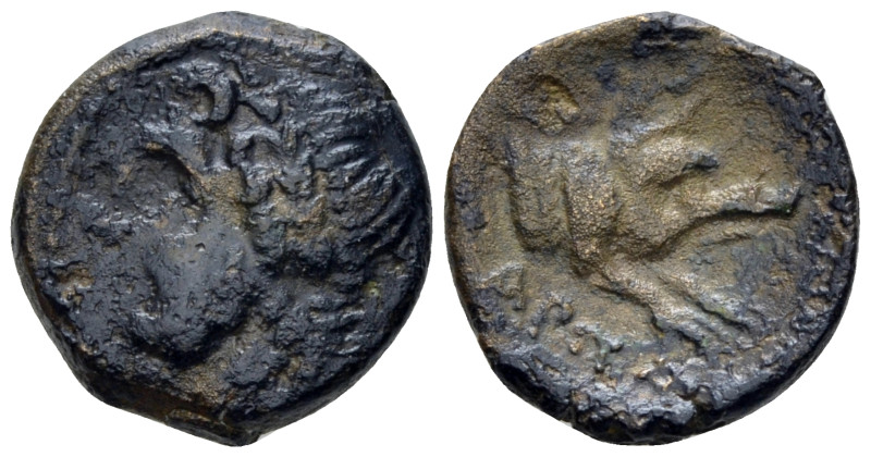 Apulia, Arpi Sextans circa 325-275, Æ 14.00 mm., 3.34 g.
Laureate head of Zeus ...