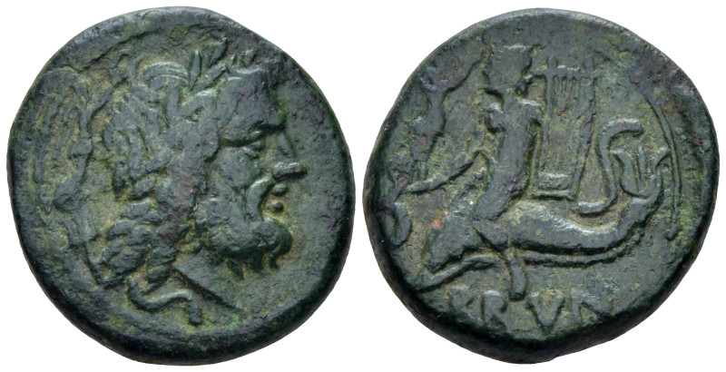 Apulia, Brundisium Semis II cent. BC, Æ 20.00 mm., 7.76 g.
Laureate head of Nep...