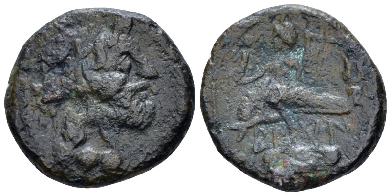 Apulia, Brundisium Sextans II cent. BC, Æ 16.00 mm., 3.14 g.
Wreathed head of N...