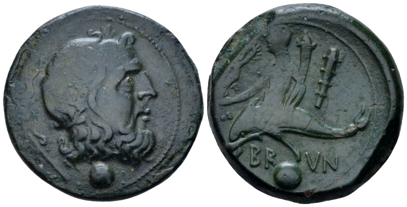 Apulia, Brundisium Uncia circa 215, Æ 23.00 mm., 8.35 g.
Laureate head of Posei...