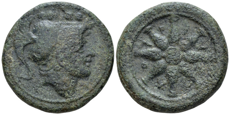 Apulia, Luceria Quincux circa 211-200, Æ 26.00 mm., 15.34 g.
Helmeted head of M...