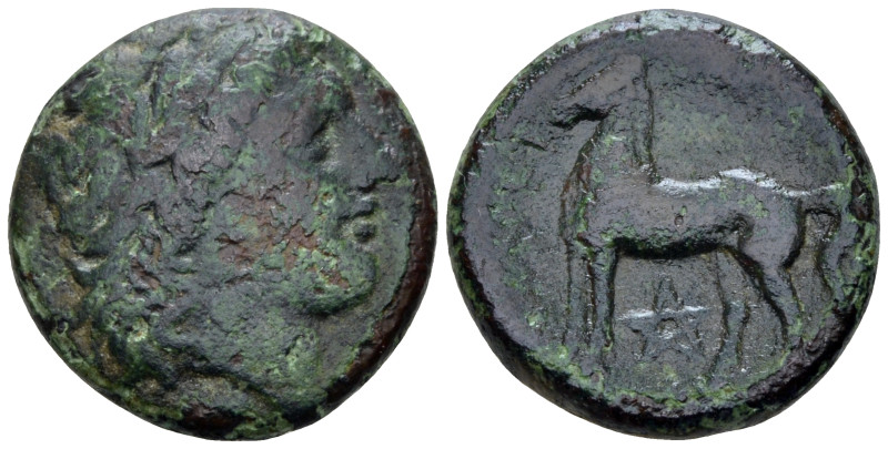 Apulia, Nuceria Bronze circa 225-220, Æ 20.00 mm., 7.30 g.
Laureate head of Apo...