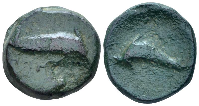 Apulia, Salapia Bronze circa 275-250, AE 14.00 mm., 3.83 g.
Dolphin r. Rev. Dol...