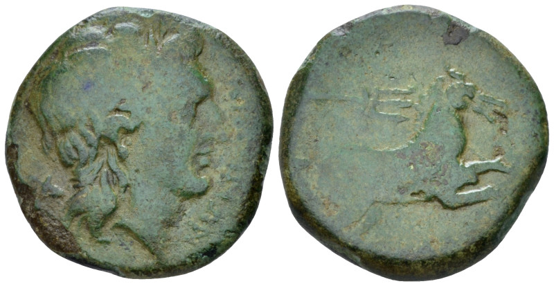 Apulia, Salapia Bronze circa 225-210, Æ 21.00 mm., 5.69 g.
Laureate head of Apo...