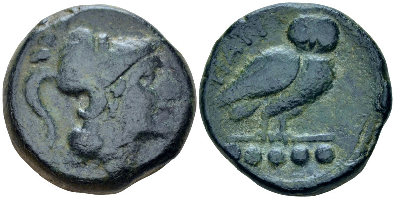 Apulia, Tetae Quincux circa 225-200, Æ 25.00 mm., 18.15 g.
Head of Minerva r., ...