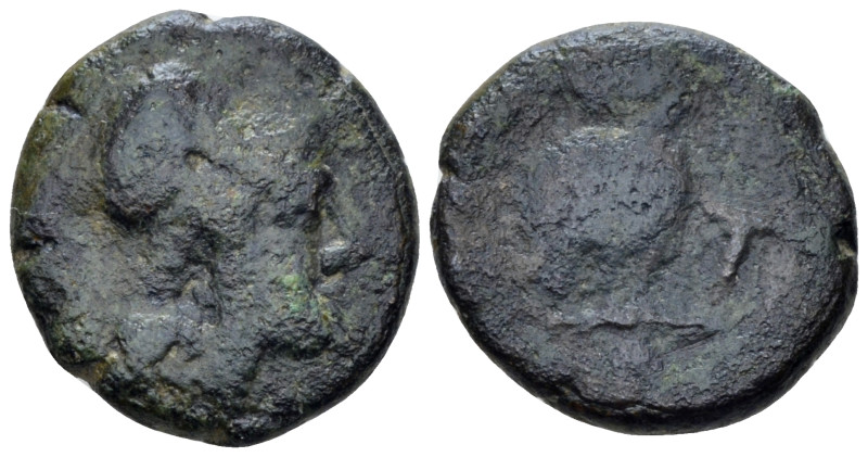 Apulia, Tetate Uncia circa 225-200, Æ 15.00 mm., 3.56 g.
Helmeted head of Athen...