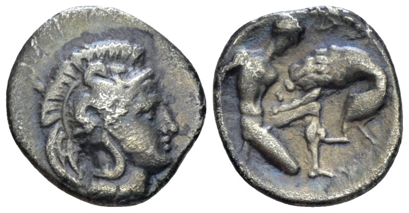 Calabria, Tarentum Diobol circa 380-325, AR 12.00 mm., 1.06 g.
Helmeted head of...