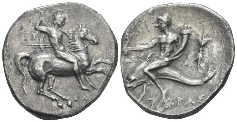 Calabria, Tarentum Nomos circa 280-272, AR 22.00 mm., 6.35 g.
Warrior on horseb...