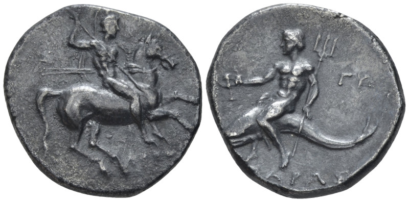 Calabria, Tarentum Nomos circa 280-272, AR 20.00 mm., 6.50 g.
Warrior on horseb...