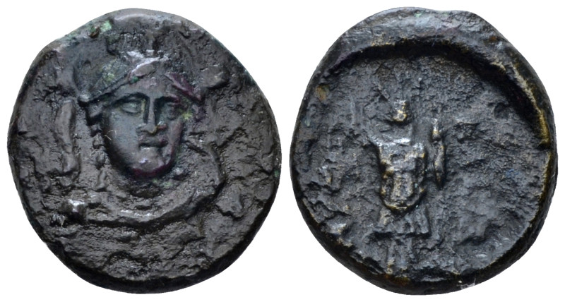 Lucania, Heraclea Bronze circa 276-250, Æ 14.00 mm., 2.35 g.
Facing helmeted he...