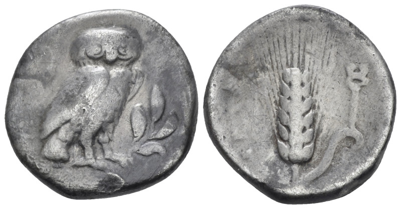 Lucania, Metapontum Drachm circa 325-275, AR 15.00 mm., 3.08 g.
Owl standing r....