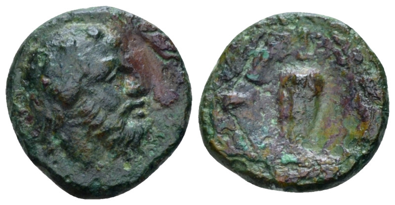 Lucania, Metapontum Bronze circa 300-250, AR 11.00 mm., 1.16 g.
Ivy-wreathed he...