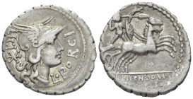 L. Porcius Licinius, Licinius Crassus and Cn. Domitius Ahenobarbus Denarius serratus circa 118