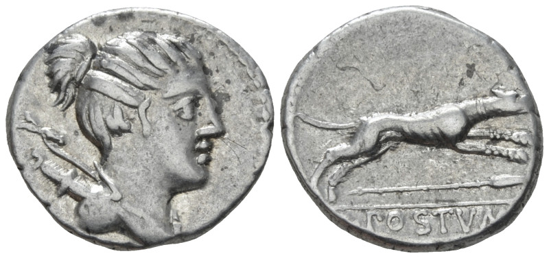 C. Postumius. Denarius circa 74, AR 17.00 mm., 3.80 g.
Draped bust of Diana r.,...