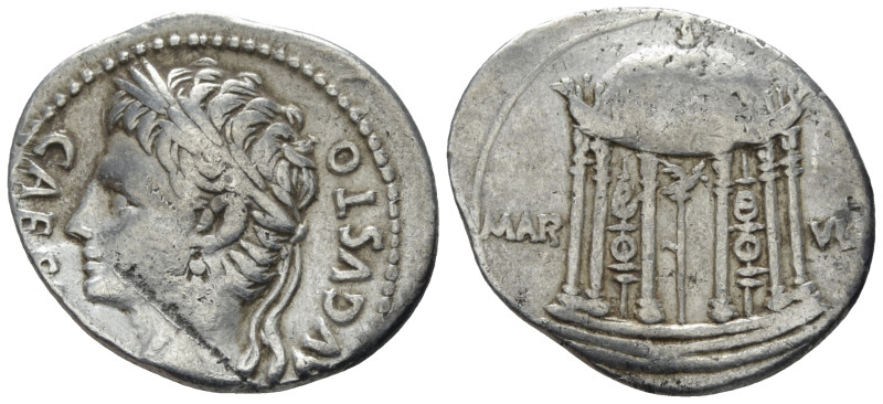 Octavian as Augustus, 27 BC – 14 AD Denarius Colonia Patricia (?) circa 18 BC, A...