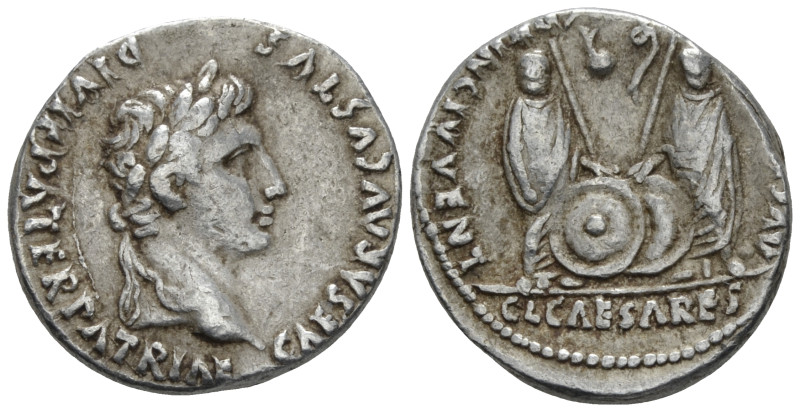 Octavian as Augustus, 27 BC – 14 AD Denarius Lugdunum 2 BC - 4 AD, AR 18.00 mm.,...