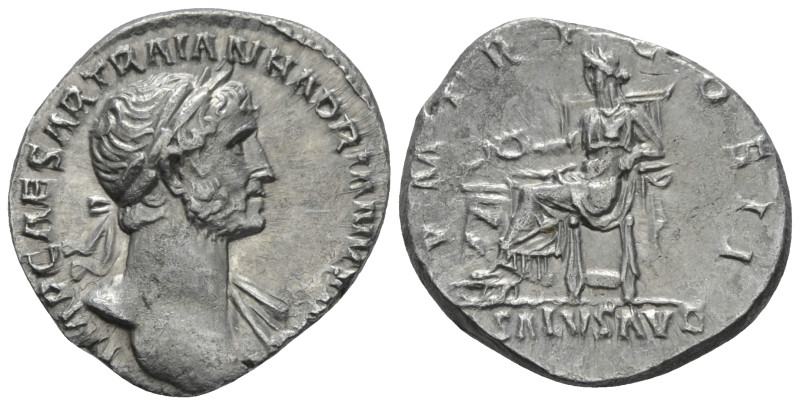 Hadrian, 117-138 Denarius Rome 118, AR 18.00 mm., 3.18 g.
Laureate bust r. with...