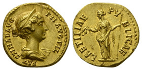 Faustina junior, daughter of Antoninus Pius and wife of Marcus Aurelius. Aureus circa 147-152