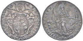 Bologna. Pio VII (1800-1823). Scudo romano 1818 anno XVIII AG. Pagani 87. Muntoni 37b. Chimienti 1241. MIR 3057/3. Bella patina iridescente, SPL/q.SPL
