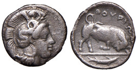 LUCANIA Thurium - Triobolo (circa 340-334 a.C.) Testa di Atena a d. - R/Toro cozzante a d. - S. ANS 1135 AG (g 1,00) Poroso
MB+