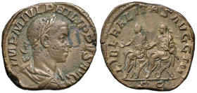Filippo II (244-249) Sesterzio - Busto laureato a d. - R/ Gli imperatori seduti a s. - RIC 267 AE (g 16,13) Con cartellino Moruzzi
BB+