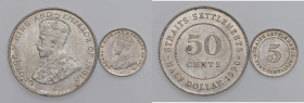 STRAITS SETTLEMENTS Giorgio V (1910-1936) 50 Cents 1920 e 5 cents 1919 - KM 35.1, 31 AG (g 8,42 + 1,36 ) Lotto di due monete come da foto
SPL