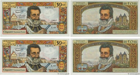Country : FRANCE 
Face Value : 50 Nouveaux Francs HENRI IV Consécutifs 
Date : 0...