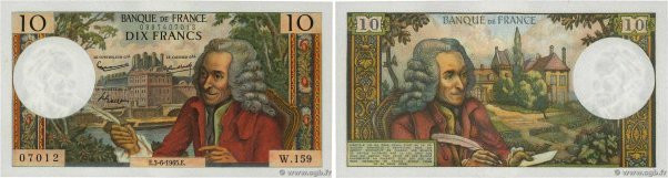 Country : FRANCE 
Face Value : 10 Francs VOLTAIRE 
Date : 03 juin 1965 
Period/P...