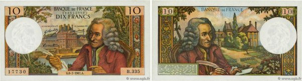 Country : FRANCE 
Face Value : 10 Francs VOLTAIRE 
Date : 06 juillet 1967 
Perio...