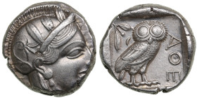 Attica, Athens AR Tetradrachm circa 454-404 BC
17.17g. 19mm. AU/AU. Beautiful specimen with some luster. Obv. Athena. / Rev. AΘE, Owl, olive spray, mo...