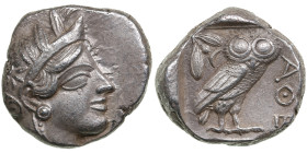 Attica, Athens AR Tetradrachm circa 454-404 BC
17.11g. 20mm. AU/AU. Beautiful specimen with some luster. Obv. Athena. / Rev. AΘE, Owl, olive spray, mo...