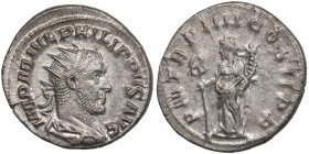 Roman Empire AR Antoninianus - Philip I (AD 244-249)
3.94g. 22mm. AU/AU. Gorgeous lustrous near mint state specimen. Obv. IMP M IVL PHILIPPVS AVG, dra...