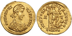 Roman Empire, Ravenna AV Solidus AD 402-406 - Honorius (AD 393-423)
4.47g. 21mm. AU/AU. An attractive lustrous specimen. Obv. D N HONORI-VS P F AVG, p...
