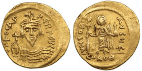 Byzantine Empire, Constantinople AV Solidus - Phocas (AD 602-610)
4.36g. 21mm. XF-/VF. Obv. Crowned and draped bust facing, holding globus cruciger. /...
