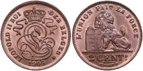Belgium 2 Centimes 1909 - Leopold II (1865-1909)
4.02g. UNC/UNC. Charming mint state specimen with fine luster.