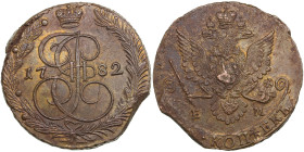 Russia 5 Kopecks 1782 EM
46.03g. UNC/AU. Mint luster. Very rare state of preservation for this copper type. Bitkin 633.