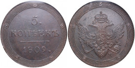 Russia 5 Kopecks 1809 KM - NGC MS 62 BN
Beautiful brown color toning glossy mint state exemplar. Very rare state of preservation. Bitkin 425 R1. Very ...