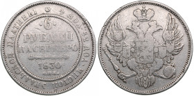 Russia 6 Roubles 1830 СПБ
20.30g. VF/VF. An attractive specimen of this hard to find large platinum issue. Bitkin 56 R2. Extremely rare!