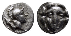 Pisidia, Selge AR Obol. Circa 350-300 BC. (9mm, 0.7 g) Helmeted head of Athena to right, spear over shoulder. / Facing gorgoneion.