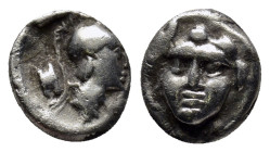 Pisidia, Selge. AR Obol. (9mm, 1.0 g) 3rd Century BC. Helmeted head of Athena right, astragal behind. / Facing head of Gorgoneion.