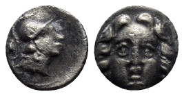 Pisidia, Selge. Ca. 350-300 B.C. AR obol (9mm, 1.1 g). Helmeted head of Athena right; spear over shoulder, astralagos behind. / Facing gorgoneion.