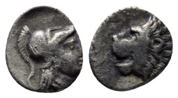 PAMPHYLIA. Side. (3rd-2nd centuries BC). AR Obol. (10mm, 0.9 g) Obv: Helmeted head of Athena right. Rev: Head of lion left with open mouth.