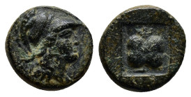 Pamphylia, Side, 2nd-1st centuries BC. Æ (10mm, 1.5 g). Helmeted head of Athena r. R/ Pomegranate within incuse square.