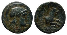 KINGS of THRACE, Macedonian. Lysimachos. 305-281 BC. Æ Half Unit (14mm, 2.5 g). Lysimacheia mint. Helmeted head of Athena right / Forepart of lion rig...