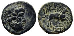 Pisidia, Isinda Æ (18mm, 4.6 g). Dated CY 11 = 15/4 BC(?). Laureate head of Zeus right / Warrior on horse galloping right, preparing to hurl spear; be...