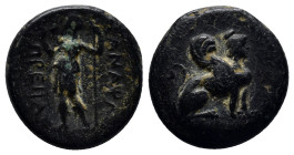 Pamphylia, Perge. Circa 260-230 B.C. AE (16mm, 4.5 g). ИANAΨAΣ / ΠPEIIAΣ, Artemis standing facing, head left, holding wreath and scepter. / Sphinx wit...