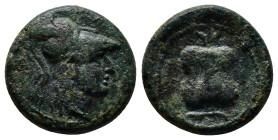 Pamphylia. Side circa 100 BC. Bronze Æ (16mm, 4.1 g). Helmeted head of Athena right / Pomegranate.