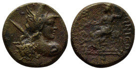 LYCAONIA. Iconion. Ae (18mm, 6.4 g) (1st century BC). Menedem- Timotheos, magistrate. Obv: Bust of Perseus right, wearing winged helmet and with harpa...