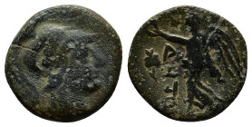 PAMPHYLIA. Side. Circa 205-100 BC. AE (15mm, 2.8 g) Head of Athena to right, wearing crested Corinthian helmet. Rev. ΣΙ-ΔΗΤΩΝ Nike advancing left, hol...