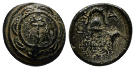 Kings of Macedon. Sardeis. Alexander III "the Great" 336-323 BC. Posthumous civic issue, struck 323-319 BC Half Unit Æ (14 mm, 3.3 g) Macedonian shiel...